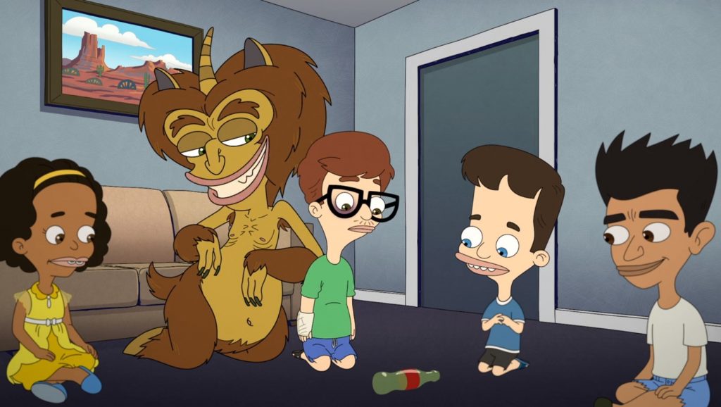 A screen-grab from the show Big Mouth, Andrew, his hormone monster, Nick and their friends sit in a living room about to spin a bottle on the floor.